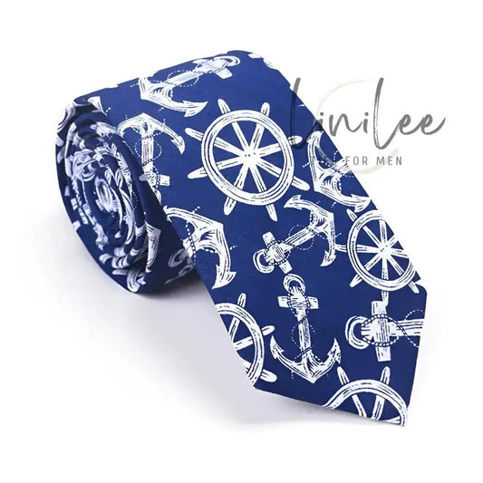 Navy blue tie with white nautical pattern.