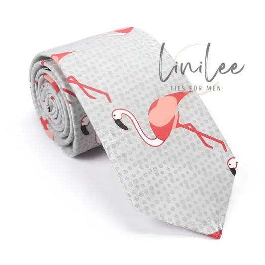 Gray tie with flamingo pattern.