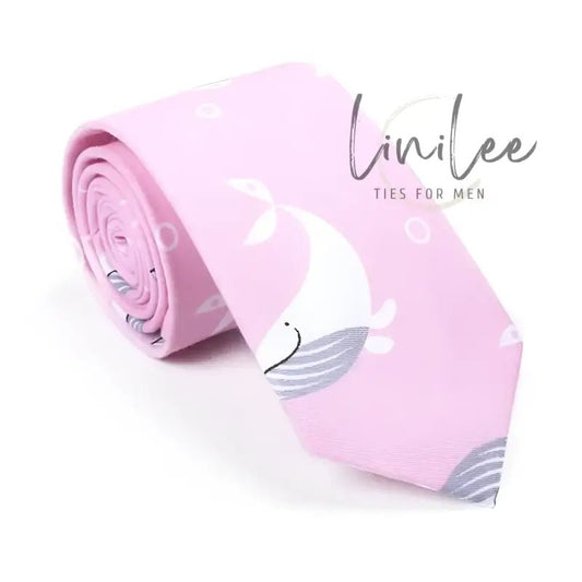 Pink whale-patterned necktie.