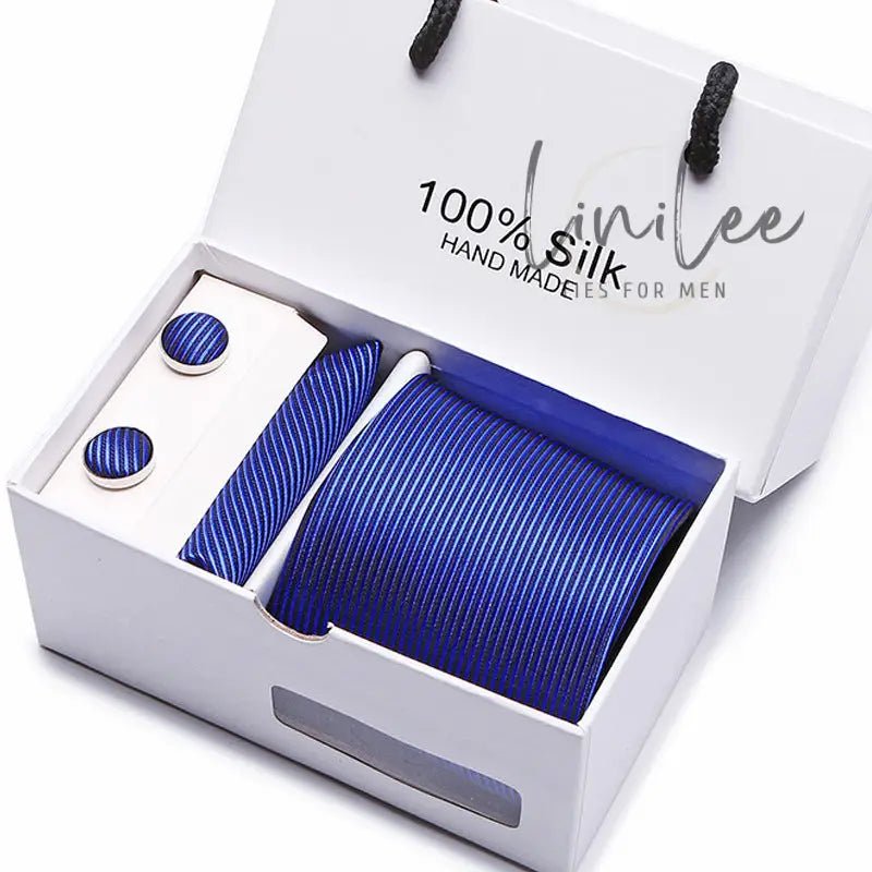Blue striped tie and cufflink set.