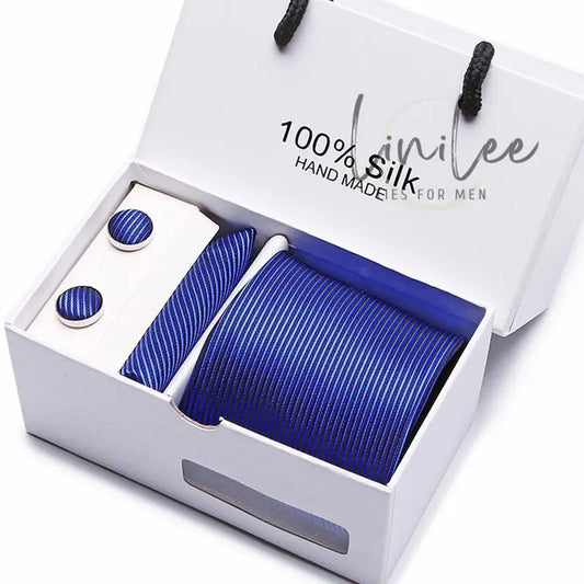 Blue striped tie and cufflink set.