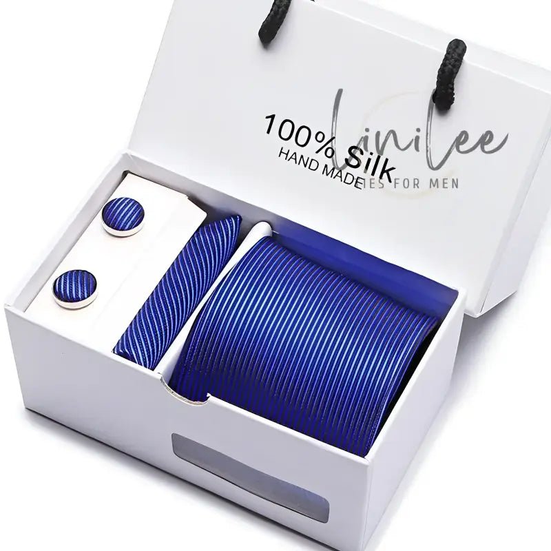 Blue striped tie and cufflink set.