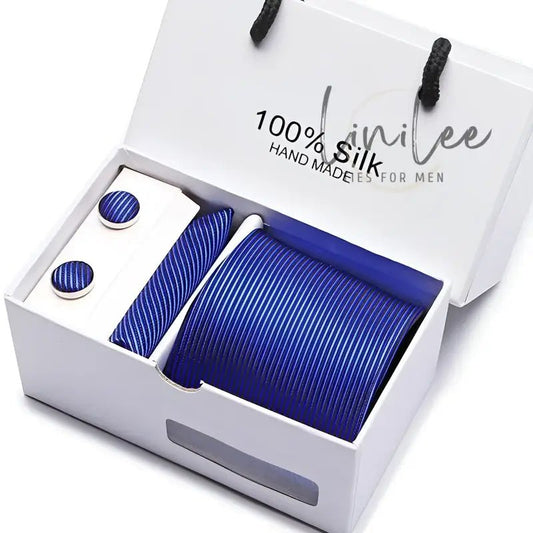 Blue striped tie and cufflink set.