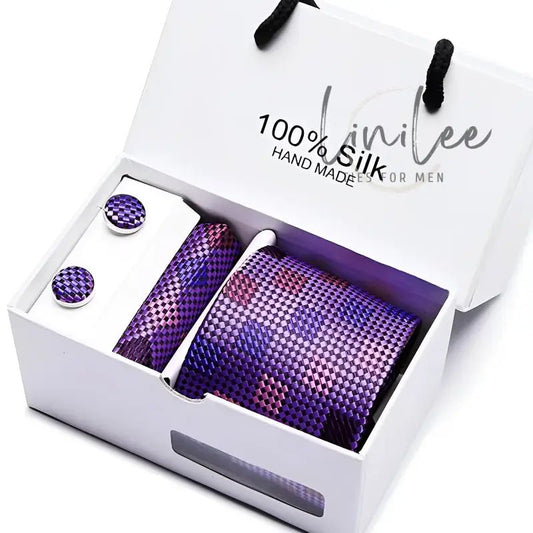Purple checkered tie and cufflink set.