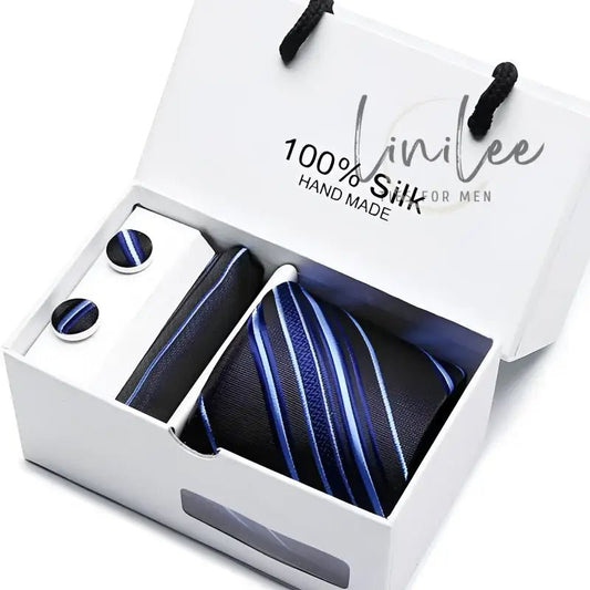 Striped tie and cufflink set in a gift box.
