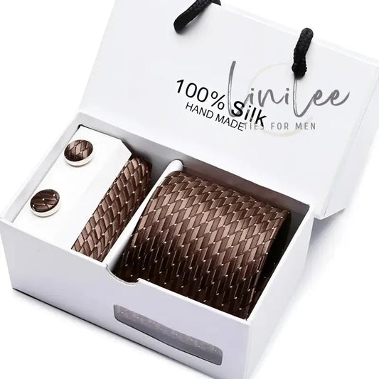 Brown woven tie and cufflink set.