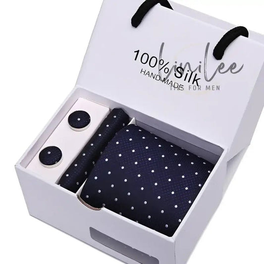 Navy polka dot tie set.