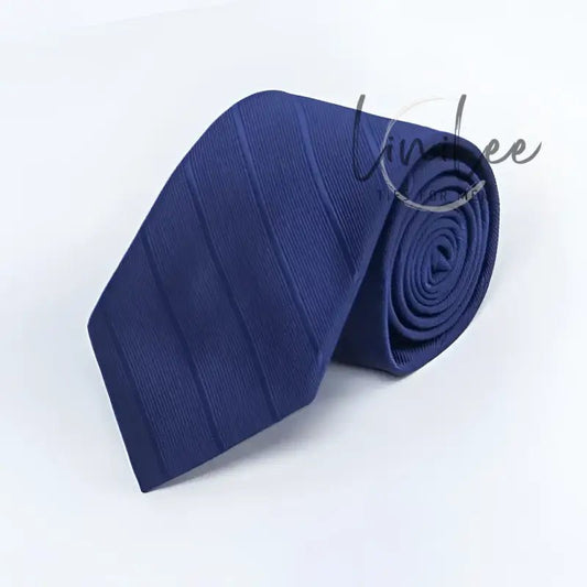 Rolled navy blue striped necktie.
