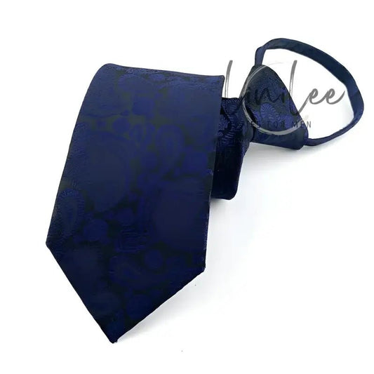 Navy blue patterned necktie.