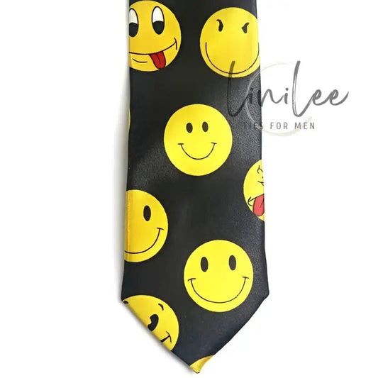 Black tie with yellow smiley faces.