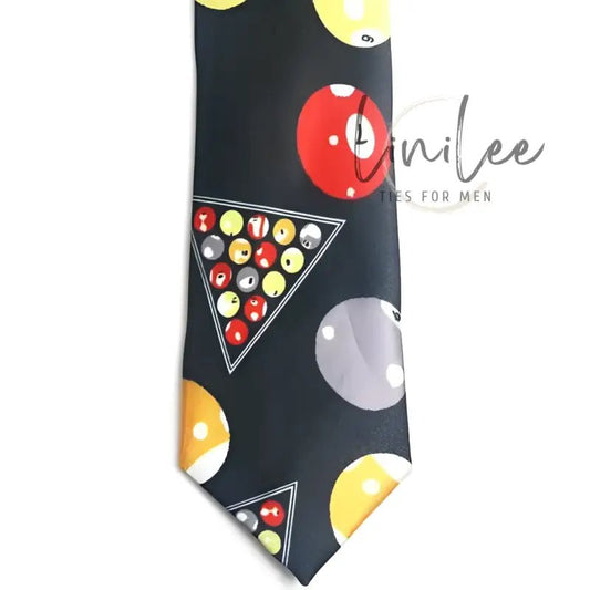 Black necktie with billiard ball pattern.