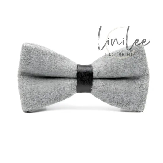 Gray felt bow tie with black leather center.