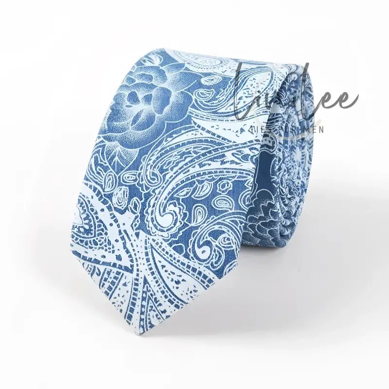 Blue paisley patterned necktie.